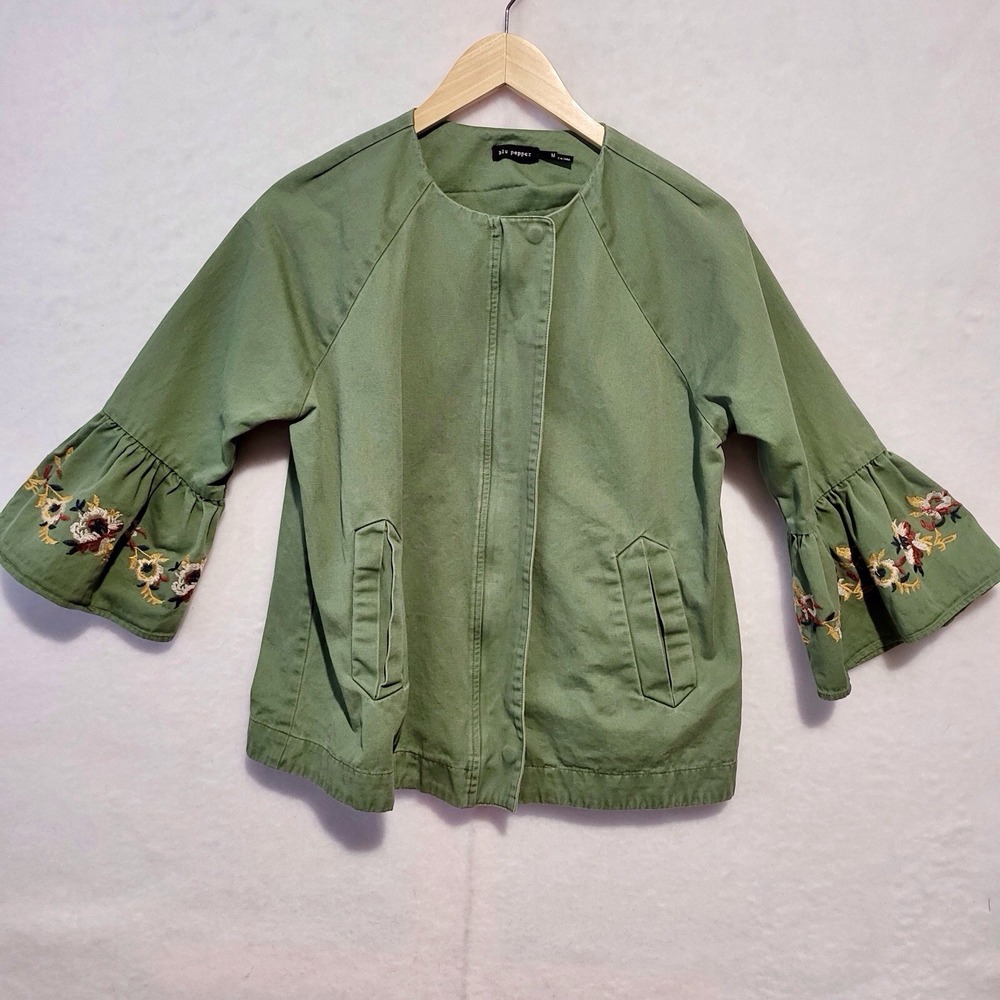 Blu Pepper Green Boho 3/4 Bell‎ Sleeves with Embroidery Jacket (M) 100% Cotton
